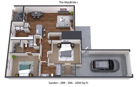 Floor plan for 2 beds, 2 baths, 1050 sqft